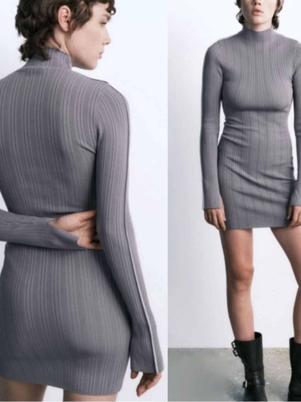 Zara Ribbed Knit Fitted Mini Dress Gray Size XS High Neck Long Sleeves - Picture 2 of 11